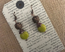 Load image into Gallery viewer, Czech Glass, Boho, Fun N Funky, Handcrafted, Lime Green Bead, Brass Filigree Sphere and Dainty Glass Flower in metallic Colorations
