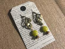 Load image into Gallery viewer, Czech Glass, Boho, Handcrafted, Lime Green Bead, Brass Filigree Leaf and Dainty Glass Flower in metallic Colorations
