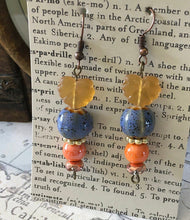 Load image into Gallery viewer, Czech Glass and Ceramic, Fun N Funky, Handcrafted, Dangle Earrings in Blue and Peach Ceramic Beads with Frosted Amber Colored Leaves
