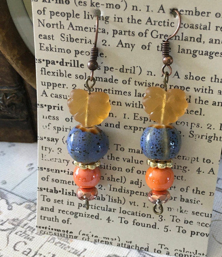 Czech Glass and Ceramic, Fun N Funky, Handcrafted, Dangle Earrings in Blue and Peach Ceramic Beads with Frosted Amber Colored Leaves