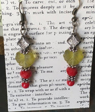 Load image into Gallery viewer, Czech Glass, Boho, Hand Crafted, Fun N Funky, Beaded Earrings in Red Czech Glass Beads with  Lt. Green Frosted Glass Leaves
