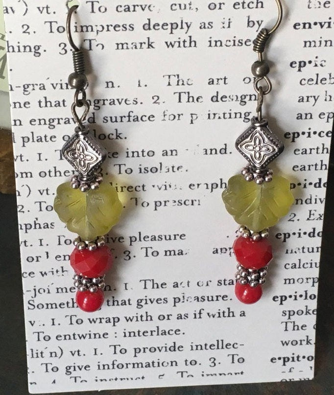 Czech Glass, Boho, Hand Crafted, Fun N Funky, Beaded Earrings in Red Czech Glass Beads with  Lt. Green Frosted Glass Leaves