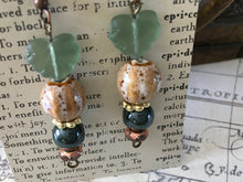 Load image into Gallery viewer, Czech Glass, Boho, Hand Crafted, Earrings in Blue Grey and Mocha Colored Ceramic Beads with Frosted Blue Green Colored Czech Glass Leaves
