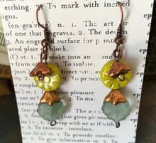 Load image into Gallery viewer, Czech Glass, Boho, Hand Crafted, Earrings in Lime/Gold Czech Glass Beads with Copper Colored Glass Flowers and Blue/Green Glass Leaves
