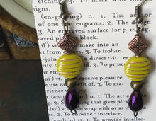 Load image into Gallery viewer, Czech Glass, Boho, Hand Crafted, Beaded Earrings in Lime/Gold Czech Glass with Copper Colored Findings and Amethyst Colored Faceted Drop
