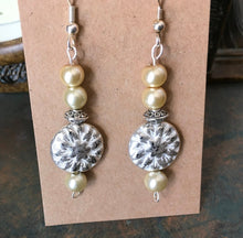 Load image into Gallery viewer, Czech Glass, Boho, Hand Crafted, Beaded Earrings in  Czech Glass and Silver Wash Patina Beads with Cream Goldtone Colored Glass Pearls.
