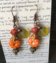 Load image into Gallery viewer, Czech Glass, Boho,Hand Crafted, Earrings in Sunburst Orange Czech Glass Beads W/ Copper Colored Glass Flowers and Frosted Czech Leaves
