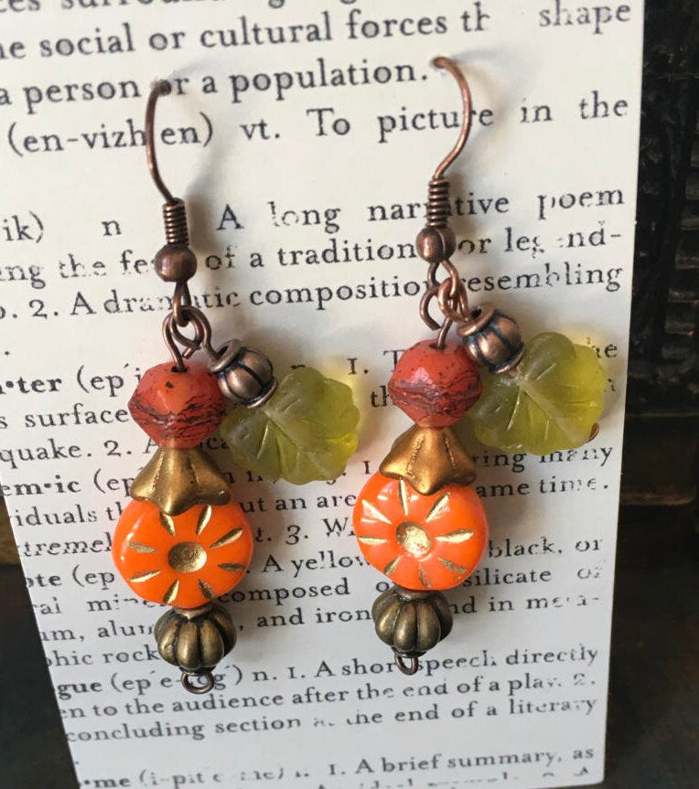 Czech Glass, Boho,Hand Crafted, Earrings in Sunburst Orange Czech Glass Beads W/ Copper Colored Glass Flowers and Frosted Czech Leaves