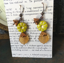 Load image into Gallery viewer, Czech Glass, Boho,Hand Crafted, Earrings in Lime/Gold Czech Glass Beads with Copper Colored Glass Flowers and Frosted Amber Colored Leaves
