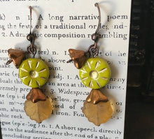 Load image into Gallery viewer, Czech Glass, Boho,Hand Crafted, Earrings in Lime/Gold Czech Glass Beads with Copper Colored Glass Flowers and Frosted Amber Colored Leaves
