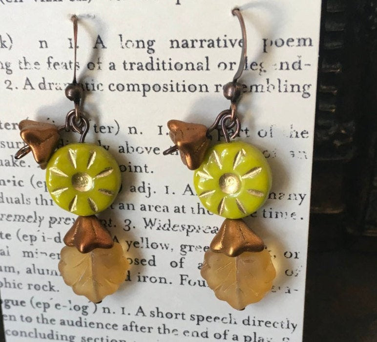 Czech Glass, Boho,Hand Crafted, Earrings in Lime/Gold Czech Glass Beads with Copper Colored Glass Flowers and Frosted Amber Colored Leaves