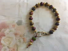 Load image into Gallery viewer, Fun N Funky, Handcrafted Bracelet with Earthtone Ceramic Beads, Swarovski Crystal Drop and Gold Tone Colorations.
