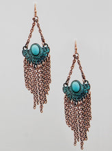 Load image into Gallery viewer, Long, Triangular Shaped, Copper Chain Mesh Drop Dangle Earrings with Patina Green Emblem Centerpiece
