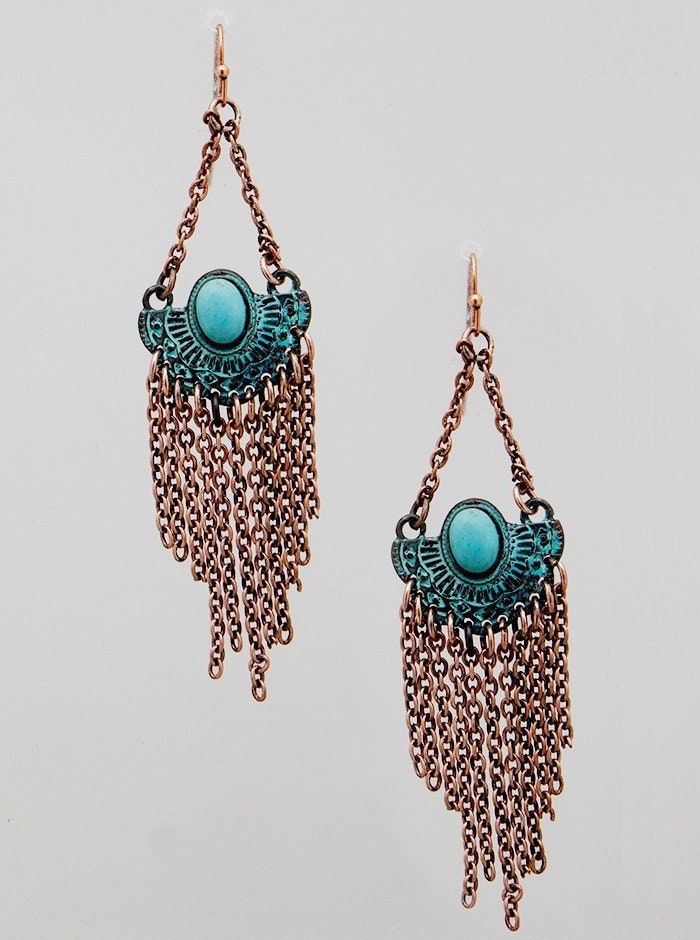 Long, Triangular Shaped, Copper Chain Mesh Drop Dangle Earrings with Patina Green Emblem Centerpiece