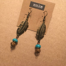 Load image into Gallery viewer, Boho Feather Style Drop Earrings with Czech Glass Stone Dangles in Turquoise and Bronze Colorations
