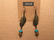 Load image into Gallery viewer, Boho Feather Style Drop Earrings with Czech Glass Stone Dangles in Turquoise and Bronze Colorations
