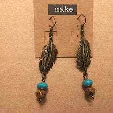 Load image into Gallery viewer, Boho Feather Style Drop Earrings with Czech Glass Stone Dangles in Turquoise and Bronze Colorations
