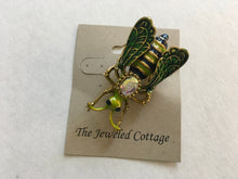 Load image into Gallery viewer, Medium Size Green Fly Brooch in Green, Purple and Gold Colorations with AB Crystal Center Stone
