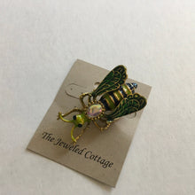 Load image into Gallery viewer, Medium Size Green Fly Brooch in Green, Purple and Gold Colorations with AB Crystal Center Stone
