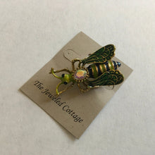 Load image into Gallery viewer, Medium Size Green Fly Brooch in Green, Purple and Gold Colorations with AB Crystal Center Stone
