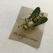 Load image into Gallery viewer, Medium Size Green Fly Brooch in Green, Purple and Gold Colorations with AB Crystal Center Stone
