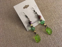 Load image into Gallery viewer, Czech Glass, Boho, Drop Earrings with Green and Bronze Metallic Czech Beads and Glass Leaves
