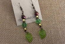 Load image into Gallery viewer, Czech Glass, Boho, Drop Earrings with Green and Bronze Metallic Czech Beads and Glass Leaves
