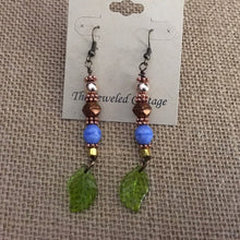 Load image into Gallery viewer, Czech Glass, Boho,  Drop Earrings with Periwinkle and Bronze Metallic Czech Beads and Glass Leaves
