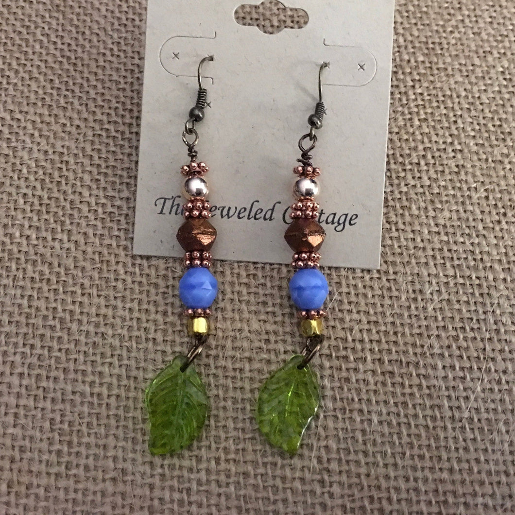 Czech Glass, Boho,  Drop Earrings with Periwinkle and Bronze Metallic Czech Beads and Glass Leaves