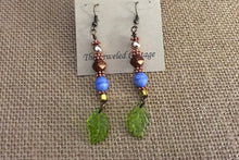 Load image into Gallery viewer, Czech Glass, Boho,  Drop Earrings with Periwinkle and Bronze Metallic Czech Beads and Glass Leaves
