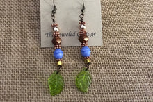 Load image into Gallery viewer, Czech Glass, Boho,  Drop Earrings with Periwinkle and Bronze Metallic Czech Beads and Glass Leaves
