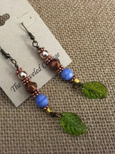 Load image into Gallery viewer, Czech Glass, Boho,  Drop Earrings with Periwinkle and Bronze Metallic Czech Beads and Glass Leaves
