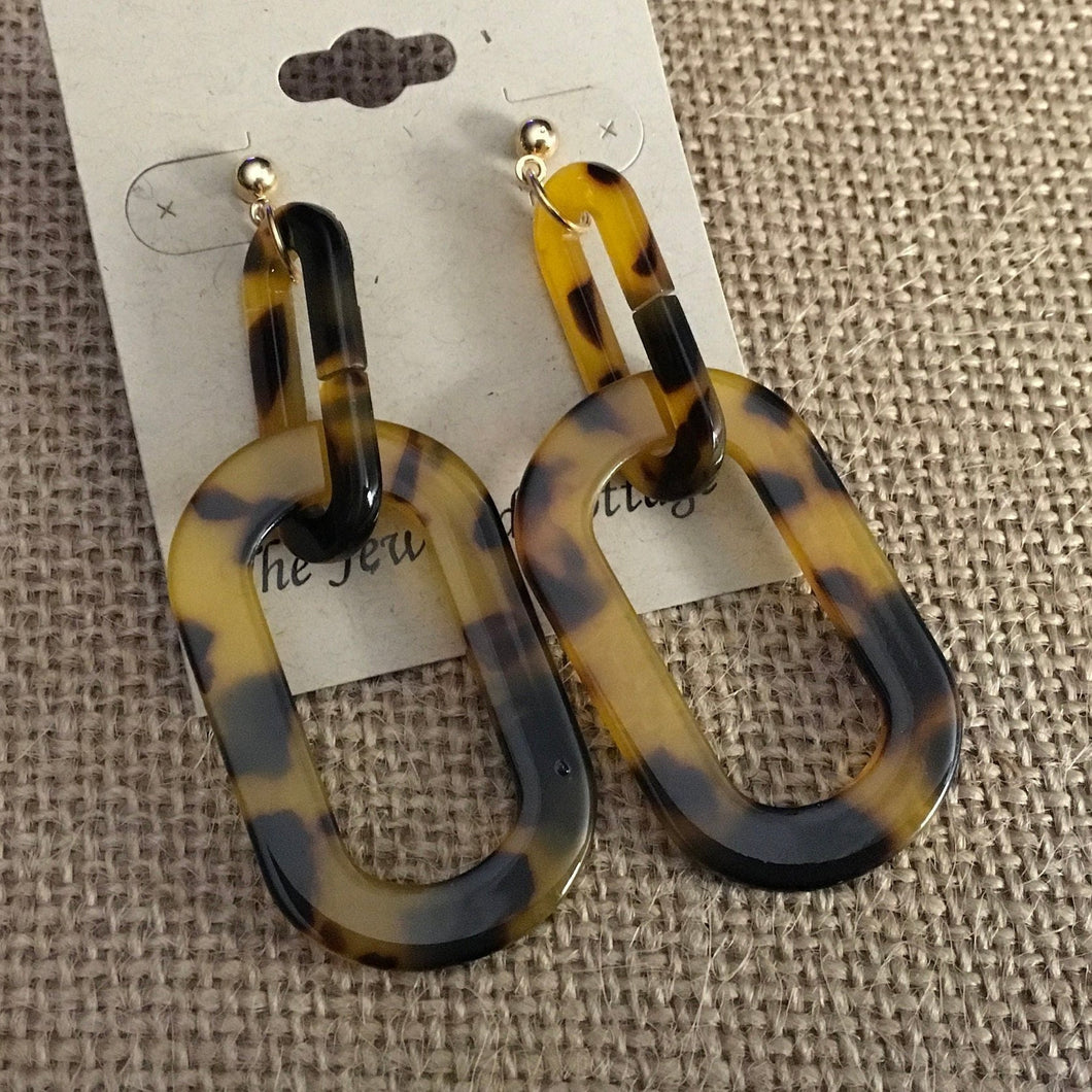 Retro, Dark Tortoise Shell, Geometric, Oblong, Resin, Double Drop Earrings