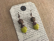 Load image into Gallery viewer, Czech Glass, Boho, Fun N Funky, Handcrafted, Lime Green Bead, Brass Filigree Sphere and Dainty Glass Flower in metallic Colorations
