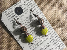 Load image into Gallery viewer, Czech Glass, Boho, Fun N Funky, Handcrafted, Lime Green Bead, Brass Filigree Sphere and Dainty Glass Flower in metallic Colorations
