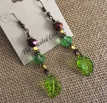 Load image into Gallery viewer, Czech Glass, Boho, Drop Earrings with Green and Bronze Metallic Czech Beads and Glass Leaves
