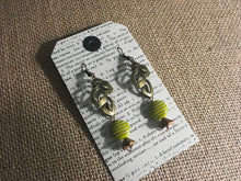 Load image into Gallery viewer, Czech Glass, Boho, Handcrafted, Lime Green Bead, Brass Filigree Leaf and Dainty Glass Flower in metallic Colorations
