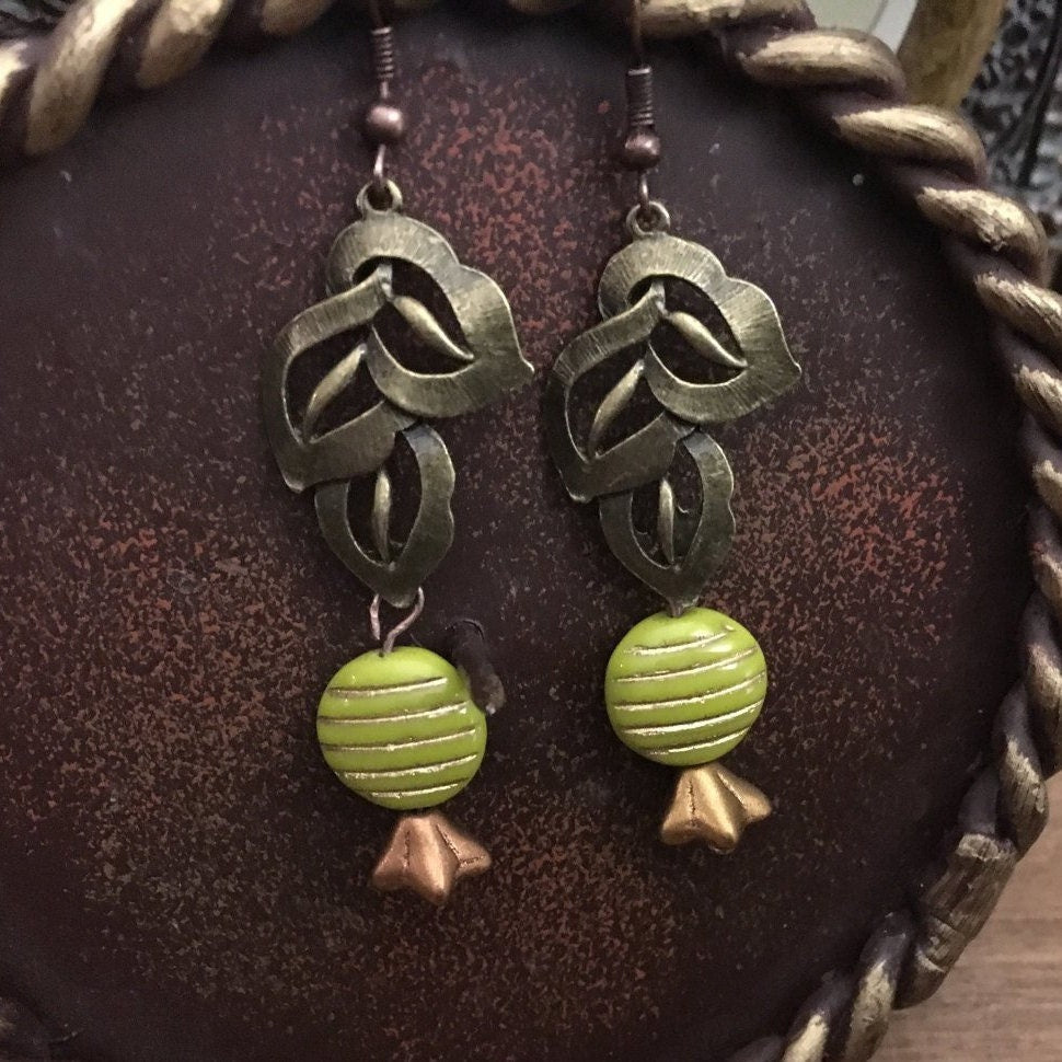 Czech Glass, Boho, Handcrafted, Lime Green Bead, Brass Filigree Leaf and Dainty Glass Flower in metallic Colorations