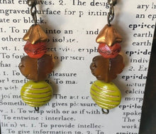 Load image into Gallery viewer, Czech Glass, Boho, Handcrafted, Lime Green Striped Bead, Frosted Amber Colored Leaves, Burnt Orange Bead &amp; Copper Metallic Glass Flower
