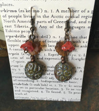 Load image into Gallery viewer, Czech Glass, Boho, Handcrafted, Khaki, Green, Filigree, Ceramic Bead, Frosted Amber Color Leaves and Burnt Orange Czech Glass Flowers
