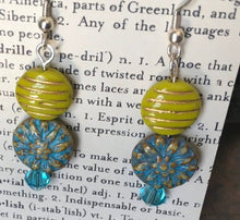 Load image into Gallery viewer, Czech Glass, Boho,Hand Crafted, Beaded Earrings in Aqua/Bronze Czech Glass Beads, Lime Green/Gold Czech Beads and Aqua Swarovski Crystal
