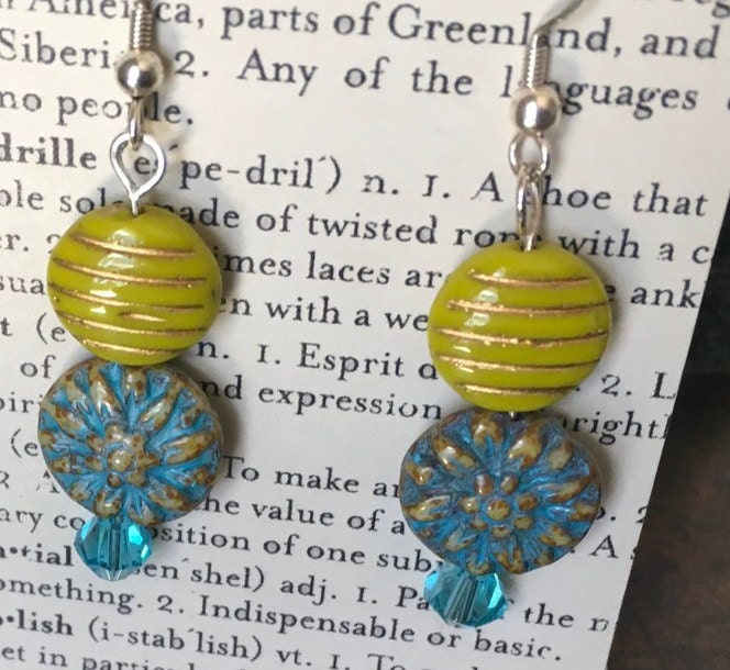 Czech Glass, Boho,Hand Crafted, Beaded Earrings in Aqua/Bronze Czech Glass Beads, Lime Green/Gold Czech Beads and Aqua Swarovski Crystal