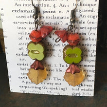 Load image into Gallery viewer, Czech Glass, Boho,Hand Crafted, Earrings in Lime/Gold Czech Glass Beads with Copper Colored Glass Flowers and Amber Colored Glass Leaves
