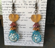 Load image into Gallery viewer, Czech Glass, Boho,Hand Crafted, Earrings in Blue/Gold Czech Glass Beads with Copper Colored Glass Flowers and Frosted Amber Colored Leaves
