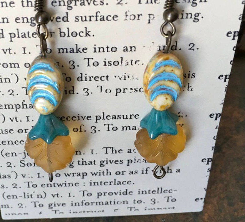 Czech Glass, Boho,Hand Crafted, Earrings in Blue/Cream Ceramic Beads with Robin's Egg Blue Colored Glass Flowers and Amber Colored Leaves