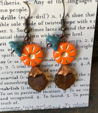 Load image into Gallery viewer, Czech Glass, Boho,Hand Crafted, Earrings in Sunburst Orange Czech Glass Beads W/ Aqua Colored Glass Flowers and Amber Colored Glass Leaves
