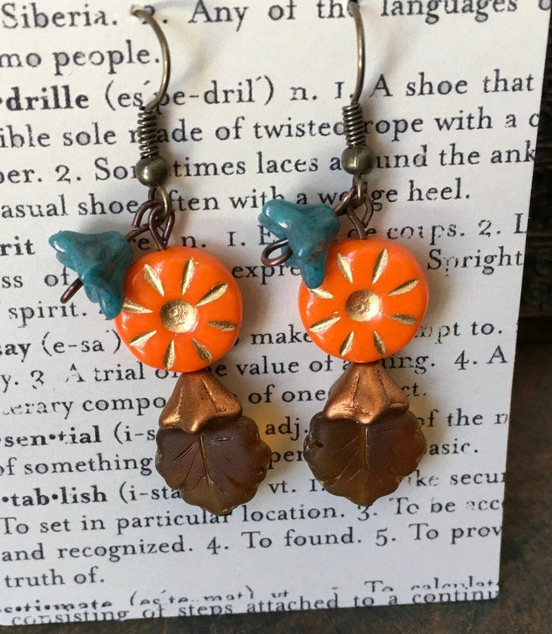 Czech Glass, Boho,Hand Crafted, Earrings in Sunburst Orange Czech Glass Beads W/ Aqua Colored Glass Flowers and Amber Colored Glass Leaves