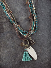 Load image into Gallery viewer, Ethnic, Multi Strand Leather, Buddha and Coin, Turquoise Blue Tassel, and Bone Dangle, Beaded Necklace-OJ-BLU-30
