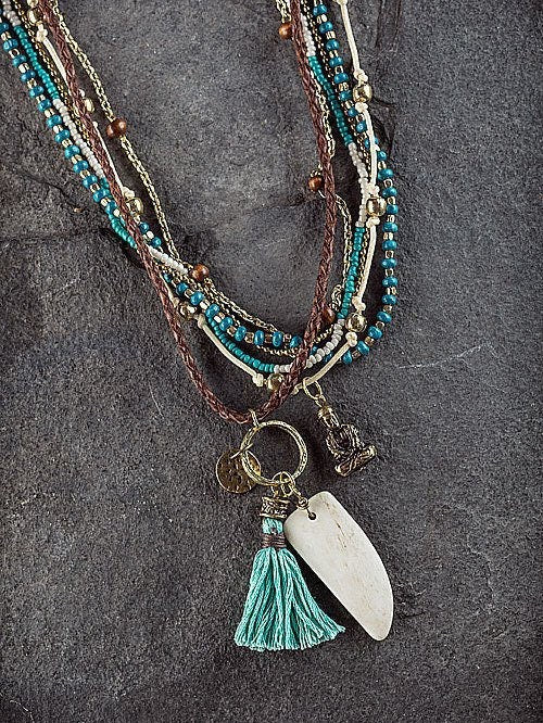 Ethnic, Multi Strand Leather, Buddha and Coin, Turquoise Blue Tassel, and Bone Dangle, Beaded Necklace-OJ-BLU-30