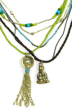 Load image into Gallery viewer, Ethnic, Multi-Strand Leather,Beaded Necklace in Browns, Turq. Blue, and Lime Green Colors W/Goldtone Tassel, Coin Drop and Buddha-OJ-BUD-GRN
